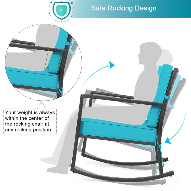 Costway 2 Pieces Rattan Outdoor Patio Rocking Chair with Cushion in Turquoise