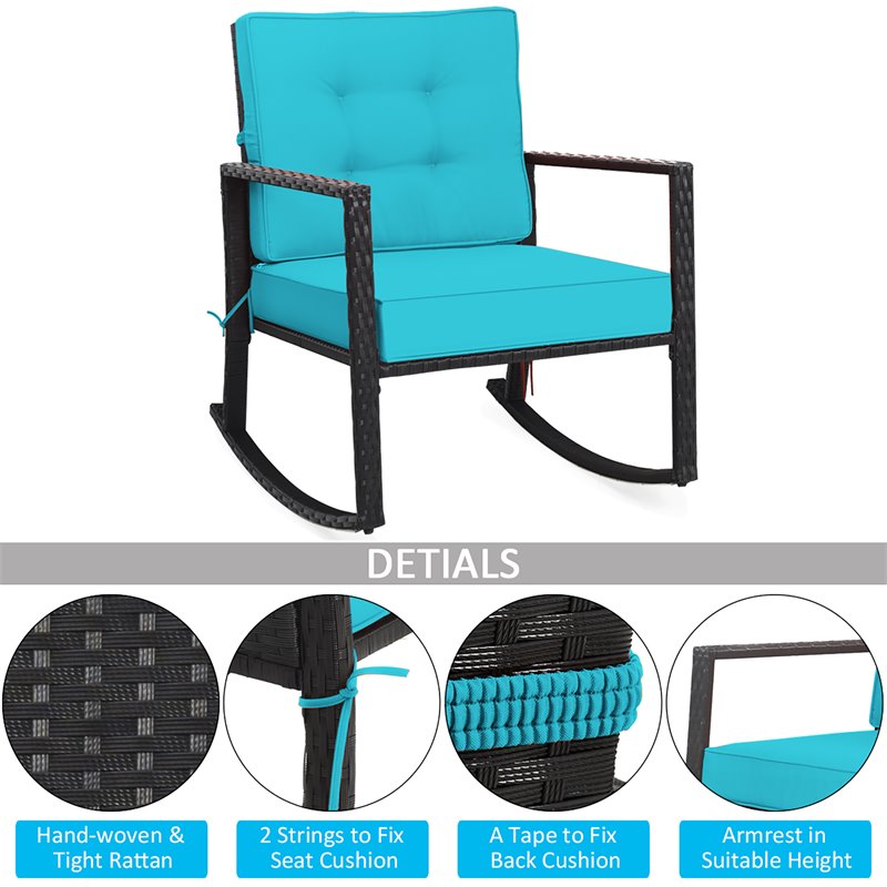 Costway 2 Pieces Rattan Outdoor Patio Rocking Chair with Cushion in Turquoise