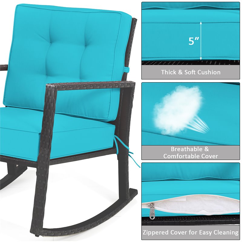 Costway 2 Pieces Rattan Outdoor Patio Rocking Chair with Cushion in Turquoise