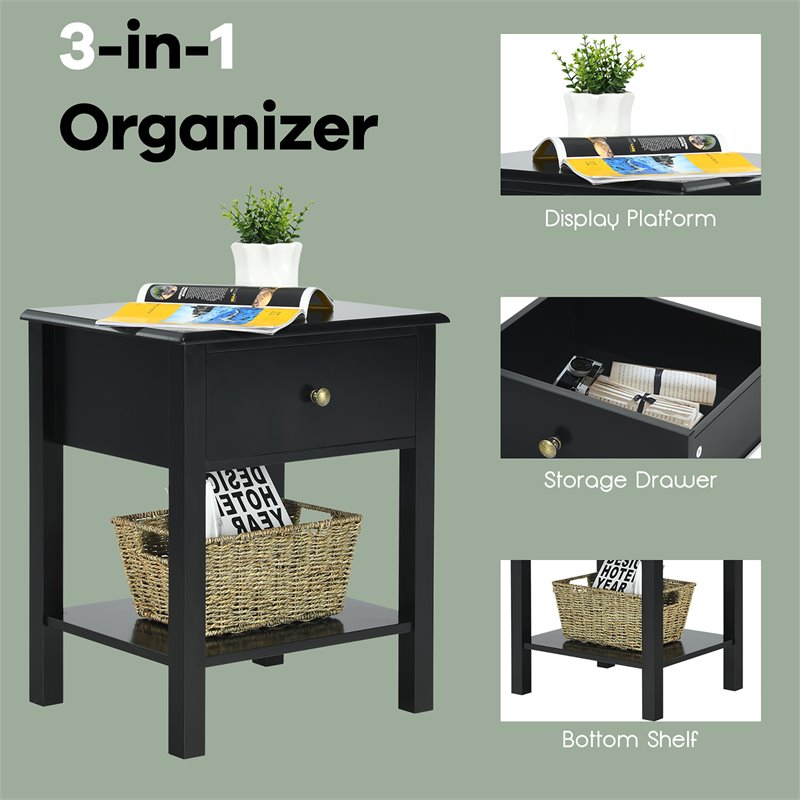Costway Contemporary MDF Wood Nightstands in Black (Set of 2)