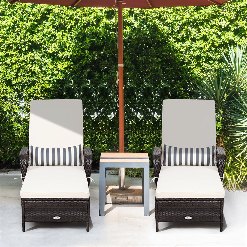 Costway 2 Pieces Rattan Chaise Lounge Chair with Armrest & Pillow in Brown/White