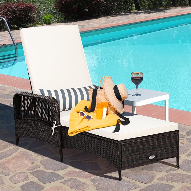 Costway 2 Pieces Rattan Chaise Lounge Chair with Armrest & Pillow in Brown/White