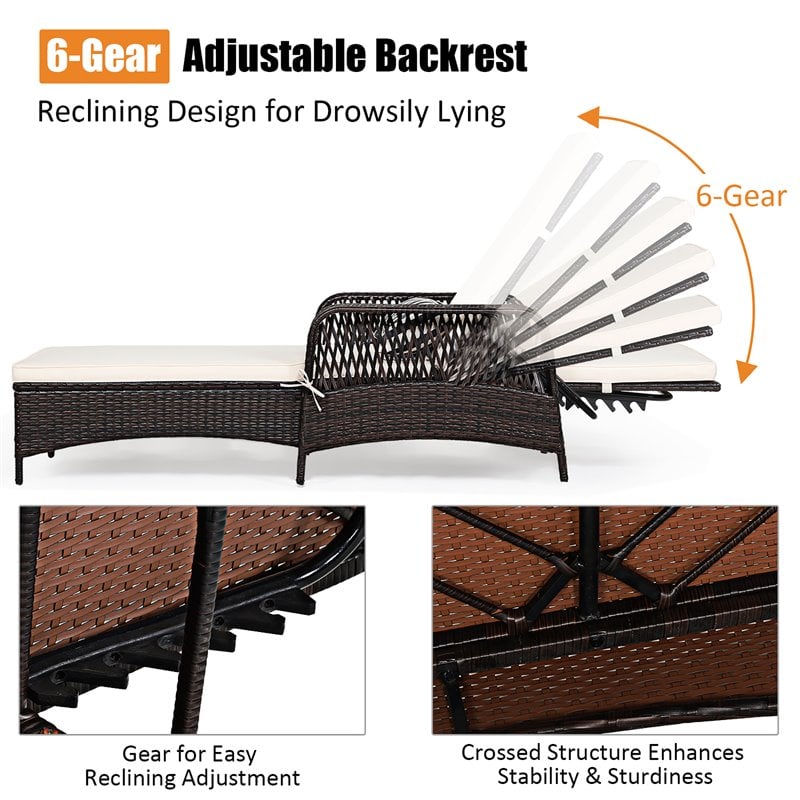 Costway 2 Pieces Rattan Chaise Lounge Chair with Armrest & Pillow in Brown/White