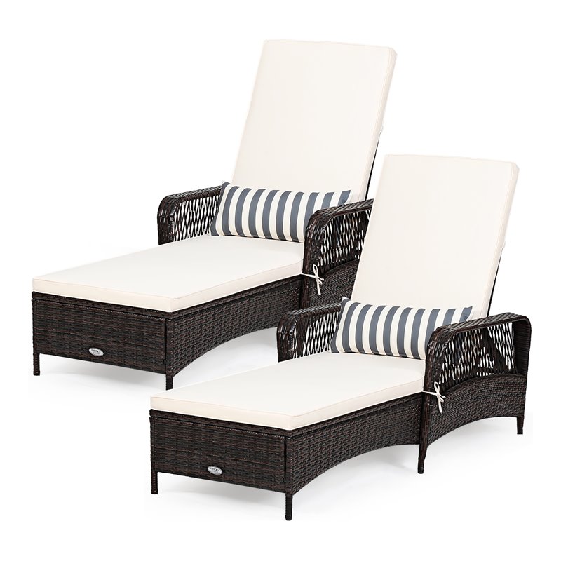 Costway 2 Pieces Rattan Chaise Lounge Chair with Armrest & Pillow in Brown/White