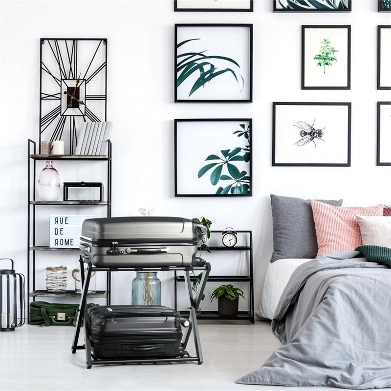 Costway Wood Folding Luggage Rack with Shoe Storage Holder in Black (Set of 4)