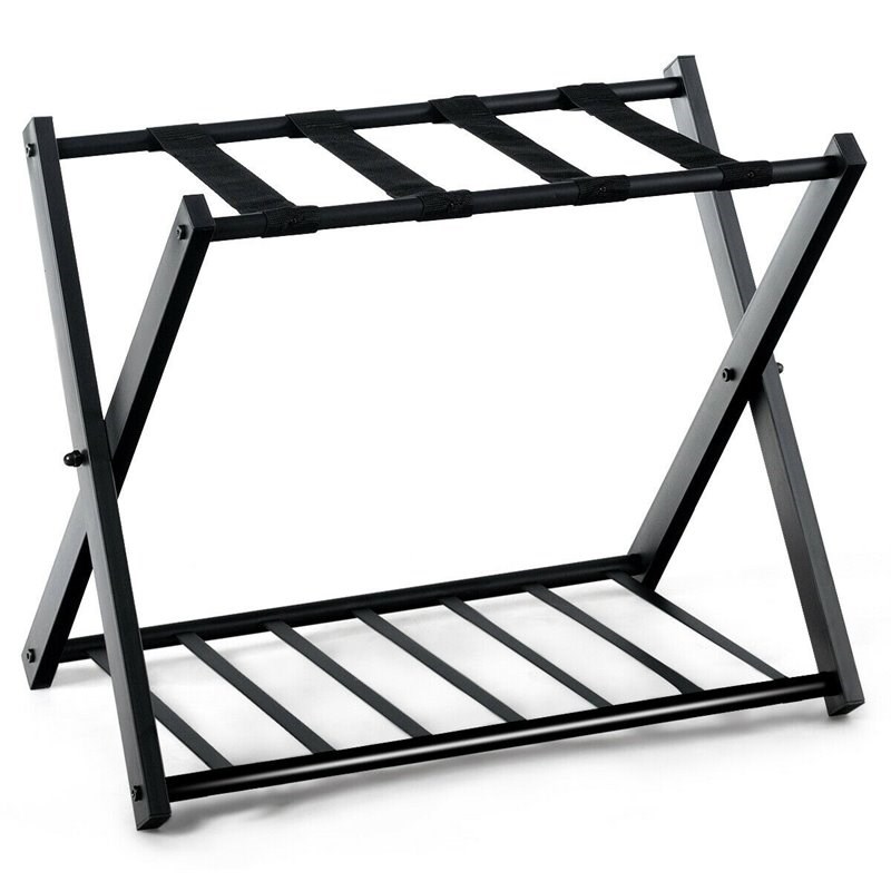 Costway Wood Folding Luggage Rack with Shoe Storage Holder in Black (Set of 4)