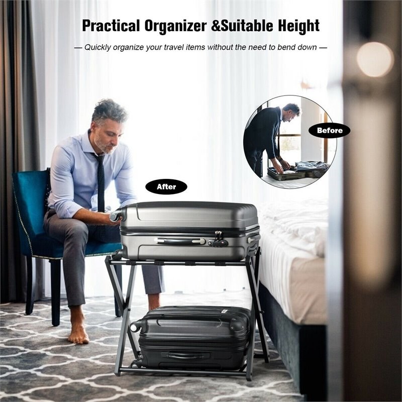 Costway Wood Folding Luggage Rack with Shoe Storage Holder in Black (Set of 4)