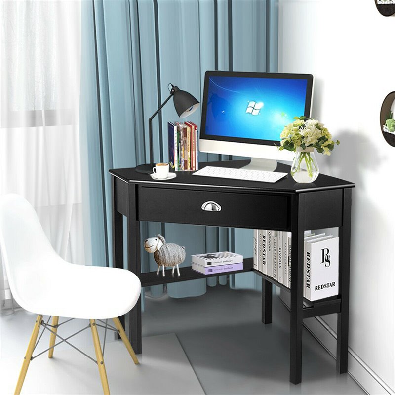 Costway Contemporary Pine and MDF Corner Computer Desk in Black