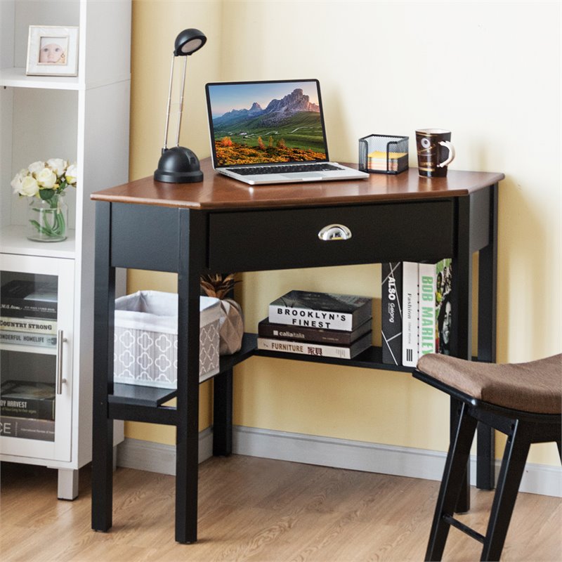Costway Contemporary Pine and MDF Corner Computer Desk in Coffee