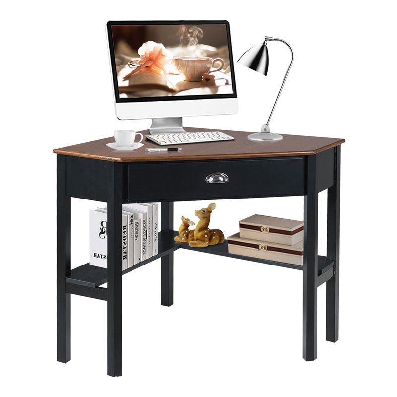 Costway Contemporary Pine and MDF Corner Computer Desk in Coffee