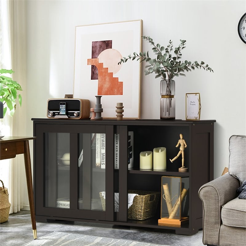 Costway MDF and Glass Kitchen Storage Cabinet with Sliding Door in Brown