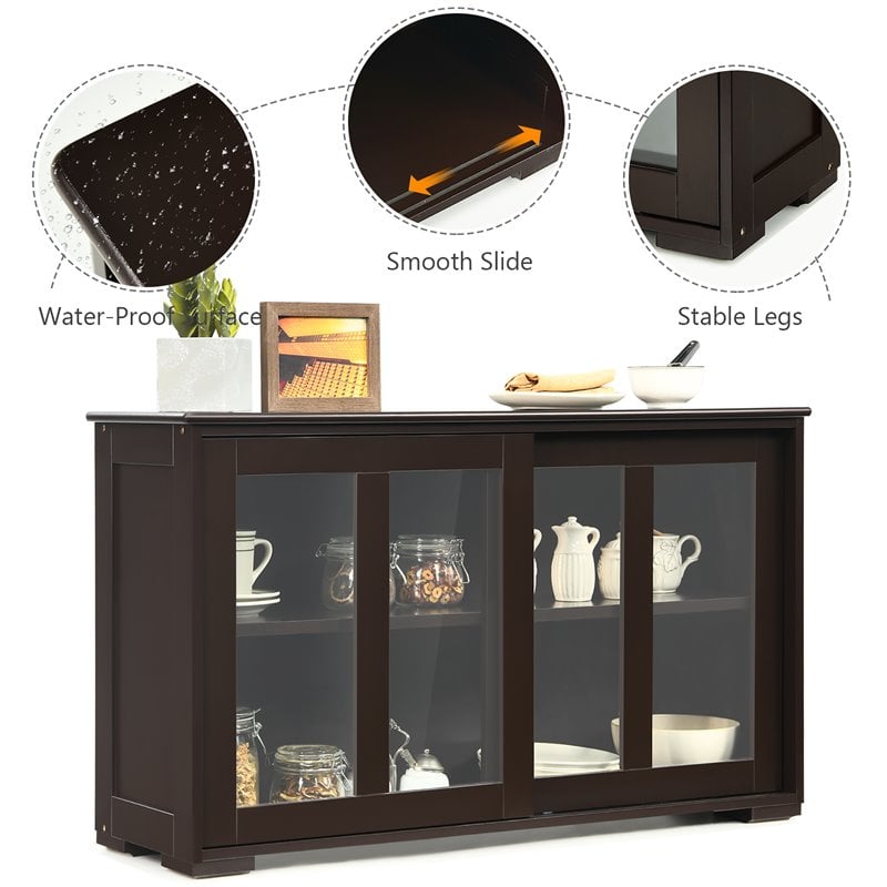 Costway MDF and Glass Kitchen Storage Cabinet with Sliding Door in Brown