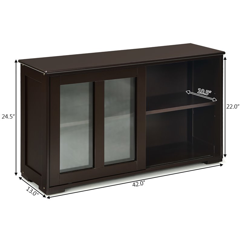Costway MDF and Glass Kitchen Storage Cabinet with Sliding Door in Brown
