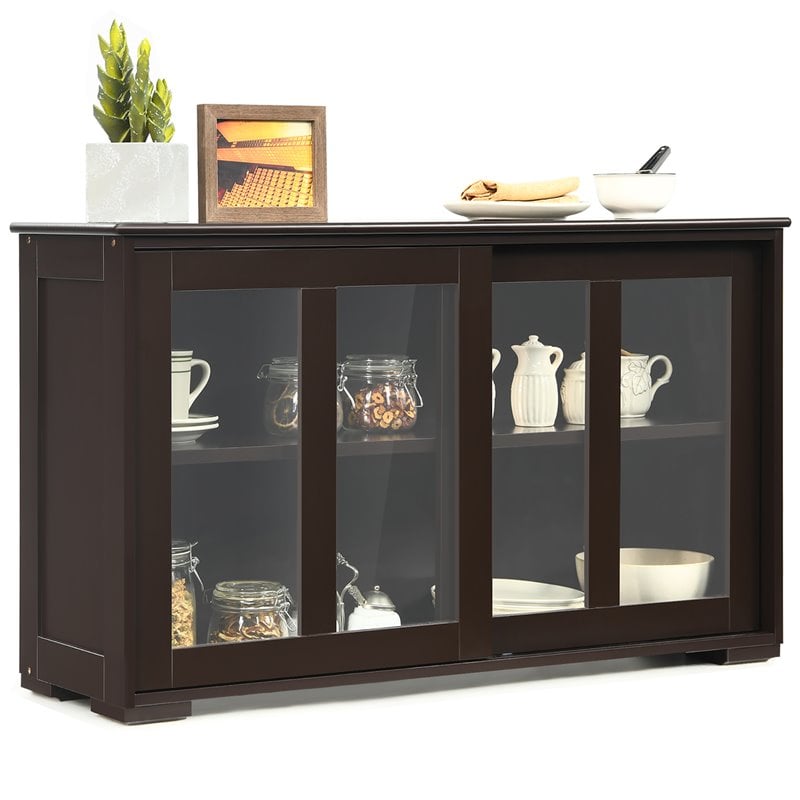 Costway MDF and Glass Kitchen Storage Cabinet with Sliding Door in Brown