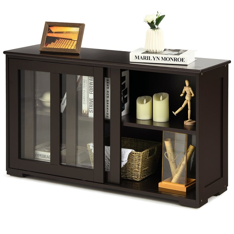 Costway MDF and Glass Kitchen Storage Cabinet with Sliding Door in Brown