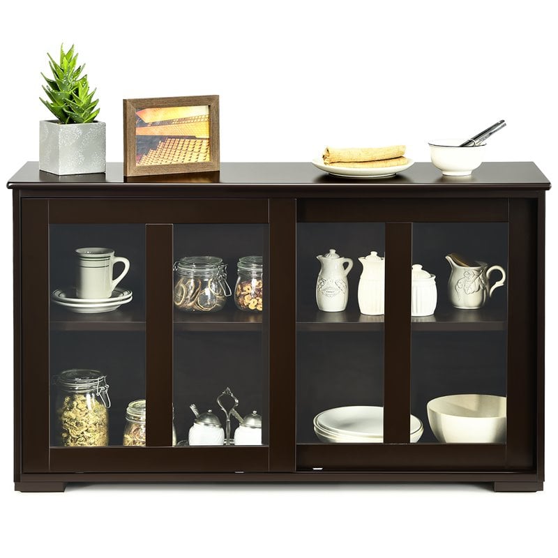 Costway MDF and Glass Kitchen Storage Cabinet with Sliding Door in Brown