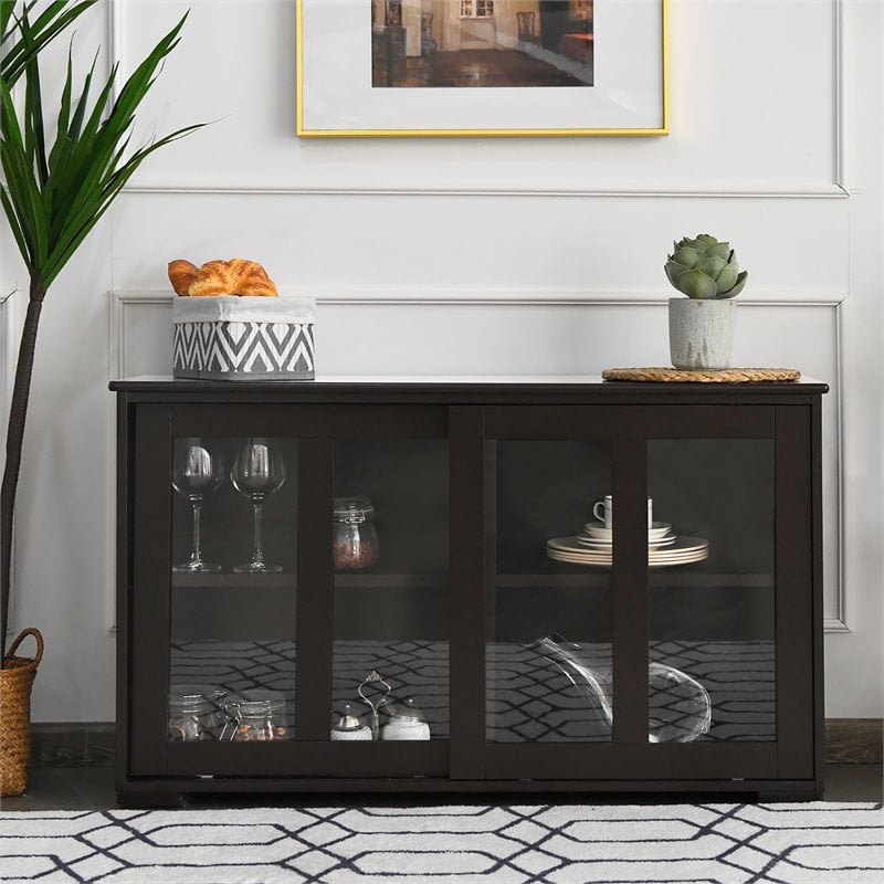 Costway MDF and Glass Kitchen Storage Cabinet with Sliding Door in Brown