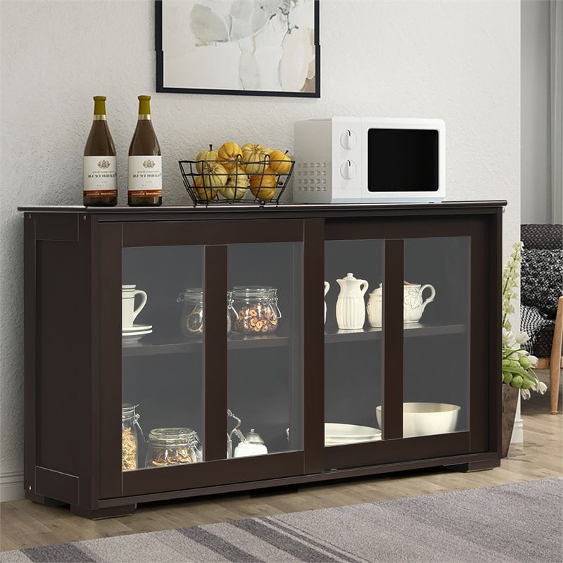 Costway MDF and Glass Kitchen Storage Cabinet with Sliding Door in Brown