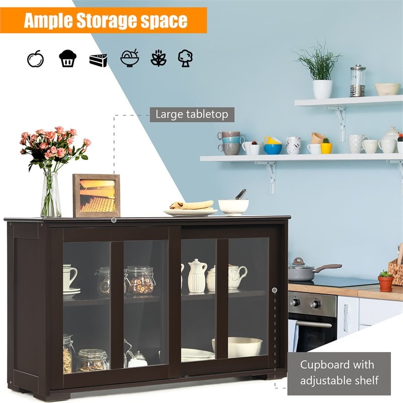 Costway MDF and Glass Kitchen Storage Cabinet with Sliding Door in Brown