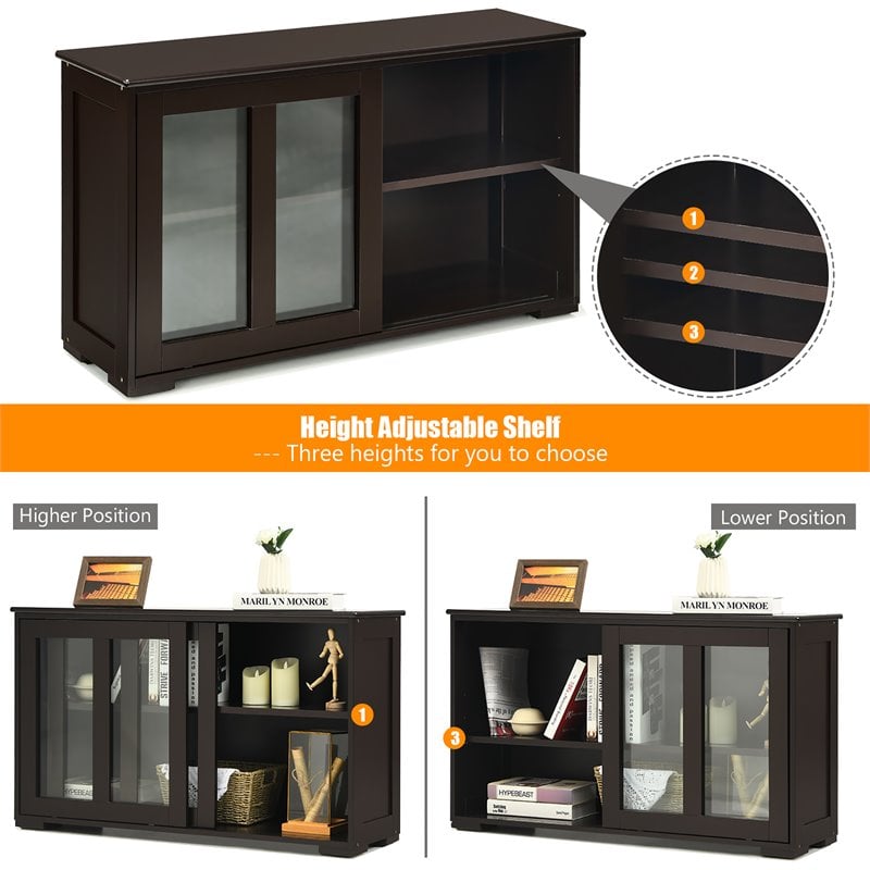 Costway MDF and Glass Kitchen Storage Cabinet with Sliding Door in Brown