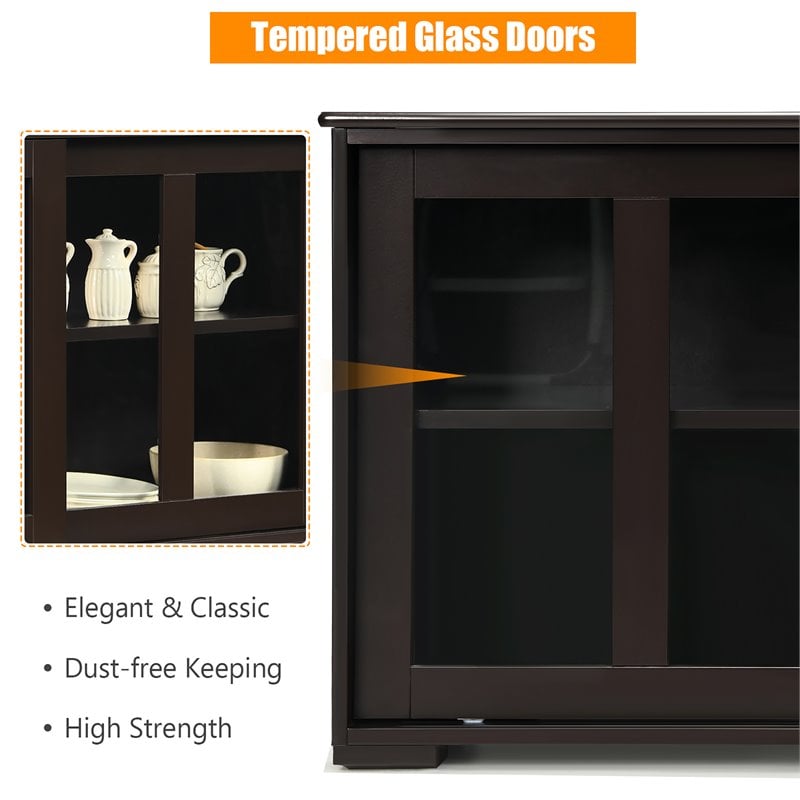 Costway MDF and Glass Kitchen Storage Cabinet with Sliding Door in Brown