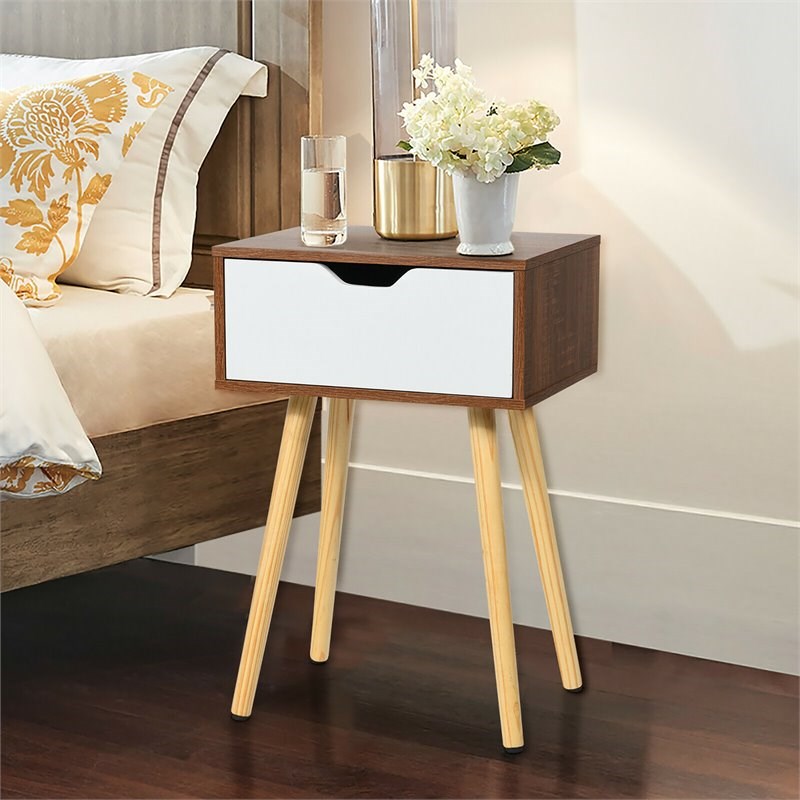 Costway Contemporary MDF and Solid Wood Nightstands in Walnut/White (Set of 2)