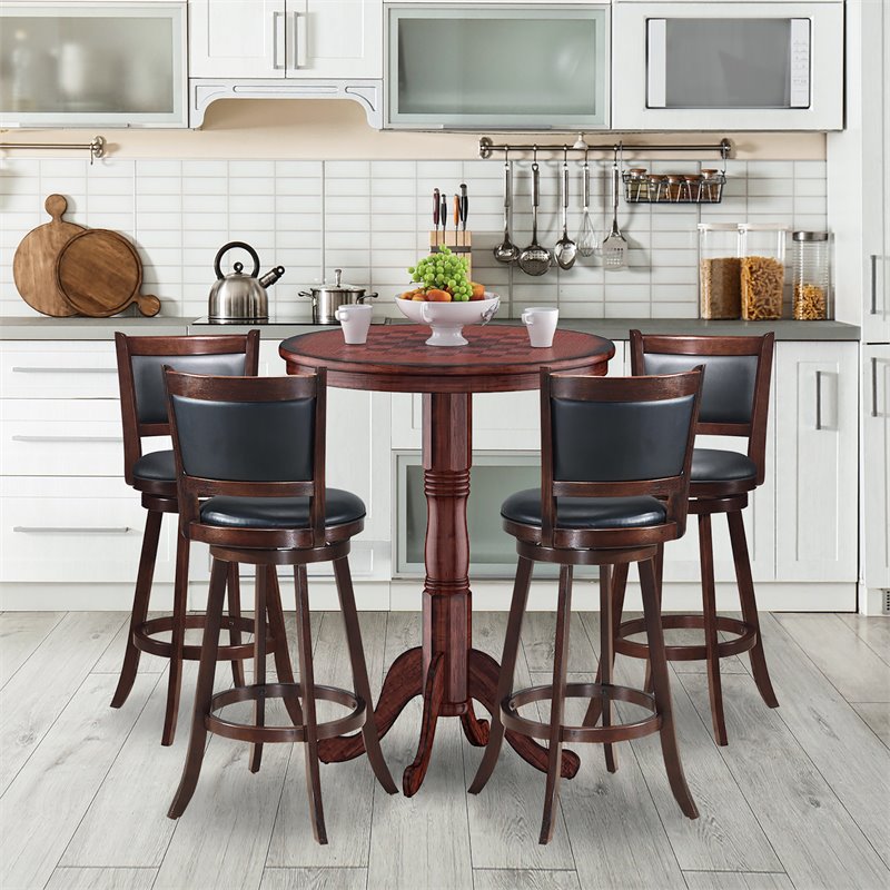 Costway 5 Pieces Wood Pub Table Set with 4 Bar Stools in Brown