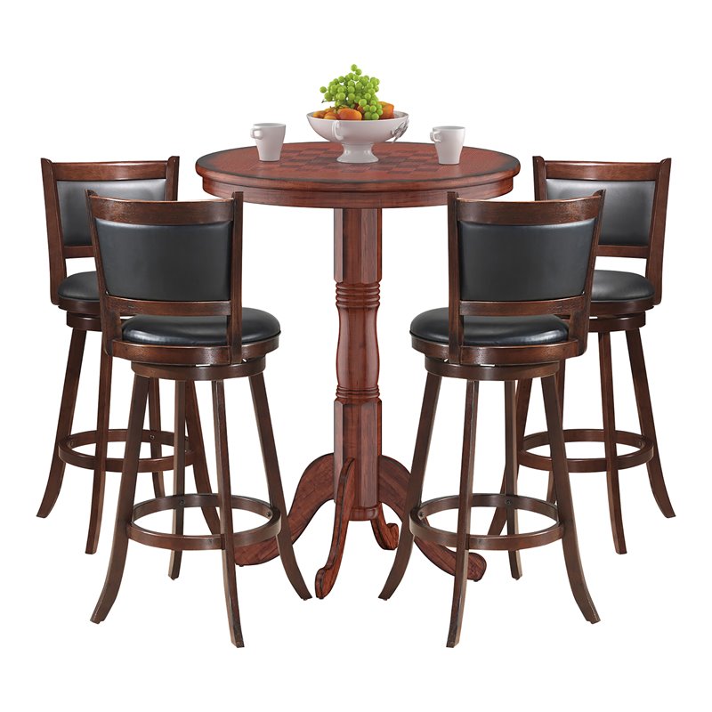 Costway 5 Pieces Wood Pub Table Set with 4 Bar Stools in Brown