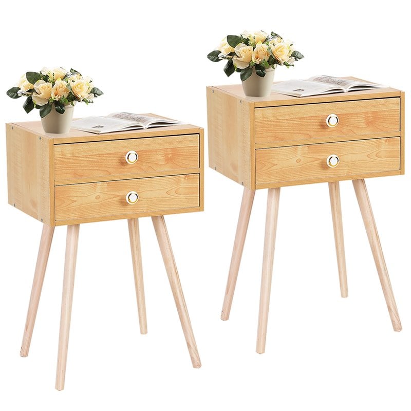 Costway MDF and Wood Nightstands with 2 Drawers in Natural (Set of 2)