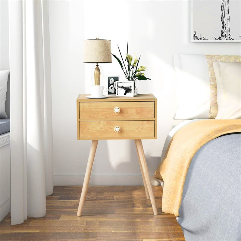 Costway MDF and Wood Nightstands with 2 Drawers in Natural (Set of 2)