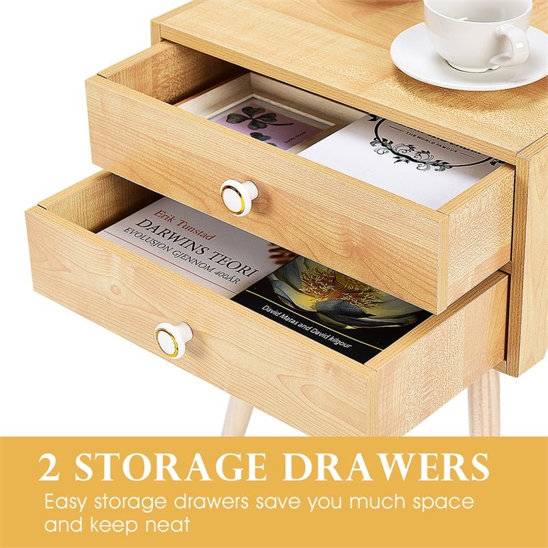 Costway MDF and Wood Nightstands with 2 Drawers in Natural (Set of 2)