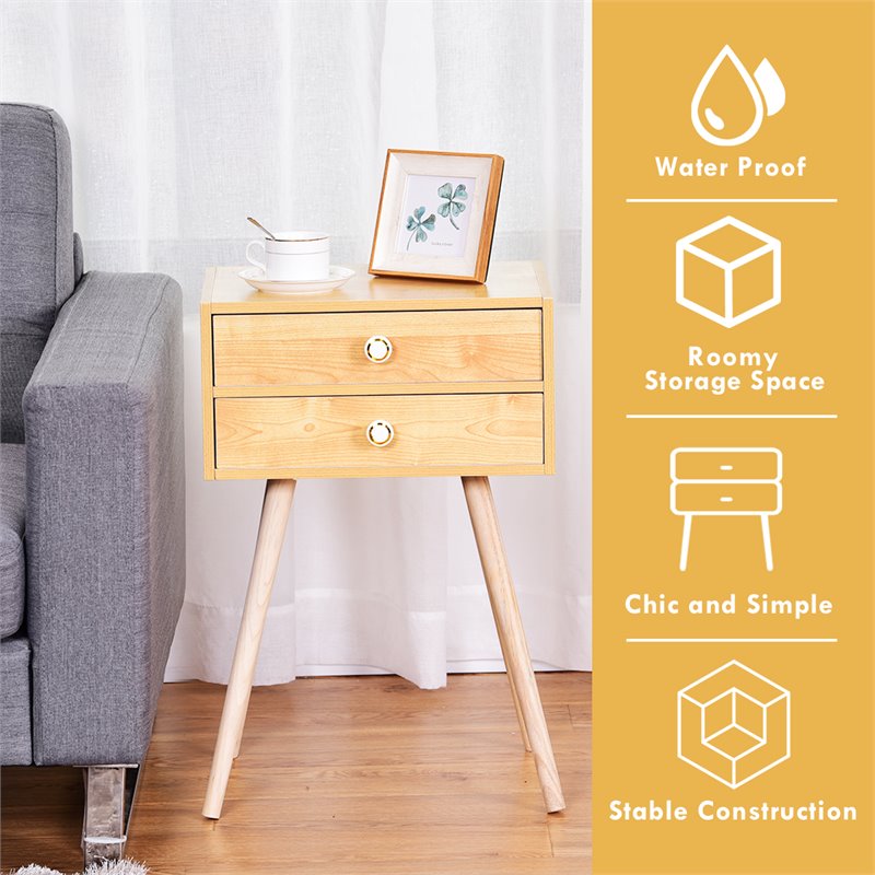 Costway MDF and Wood Nightstands with 2 Drawers in Natural (Set of 2)