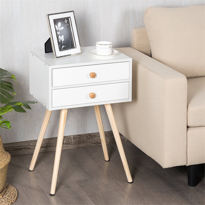 Costway MDF and Wood Nightstands with 2 Drawers in White (Set of 2)