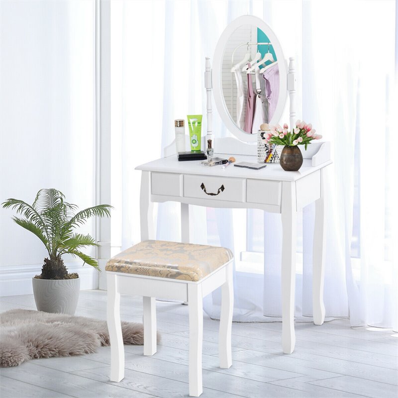 Costway Paulownia Vanity Table Set with Makeup Desk and Chair in White