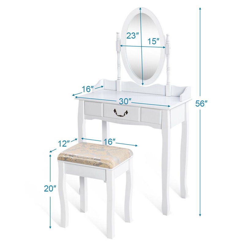 Costway Paulownia Vanity Table Set with Makeup Desk and Chair in White