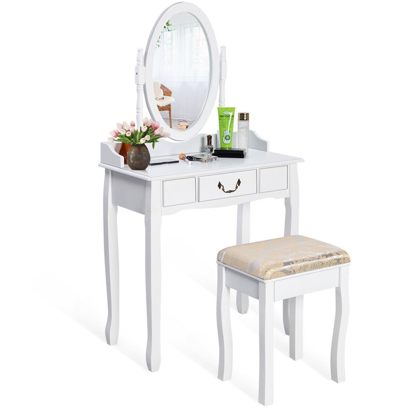 Costway Paulownia Vanity Table Set with Makeup Desk and Chair in White