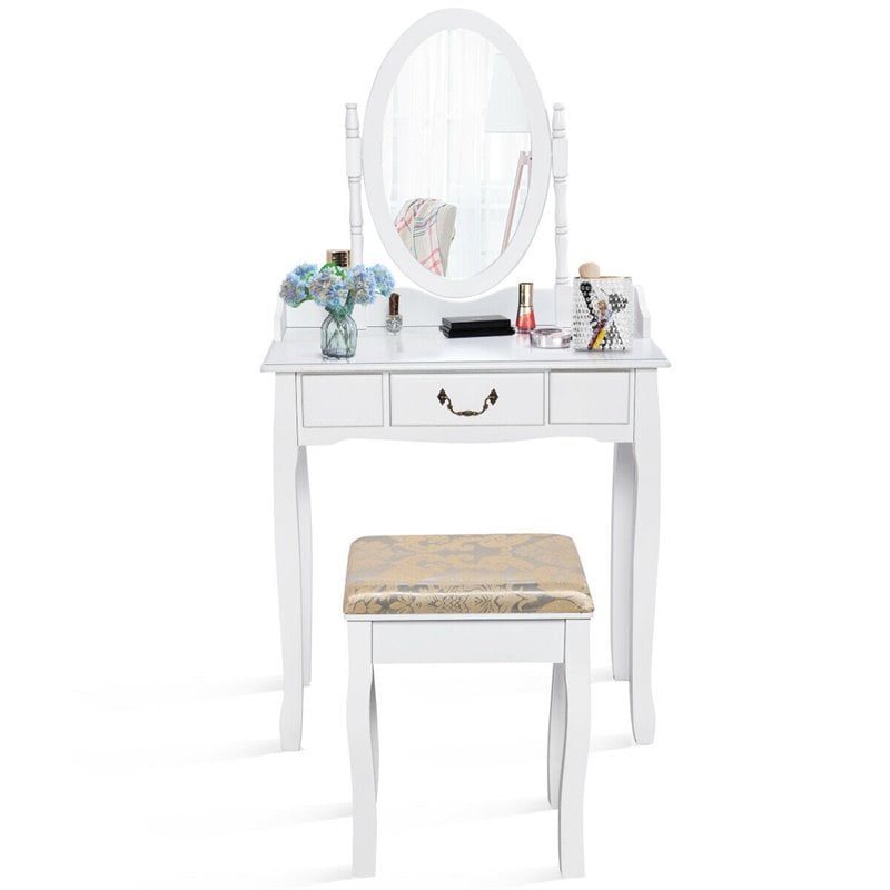 Costway Paulownia Vanity Table Set with Makeup Desk and Chair in White