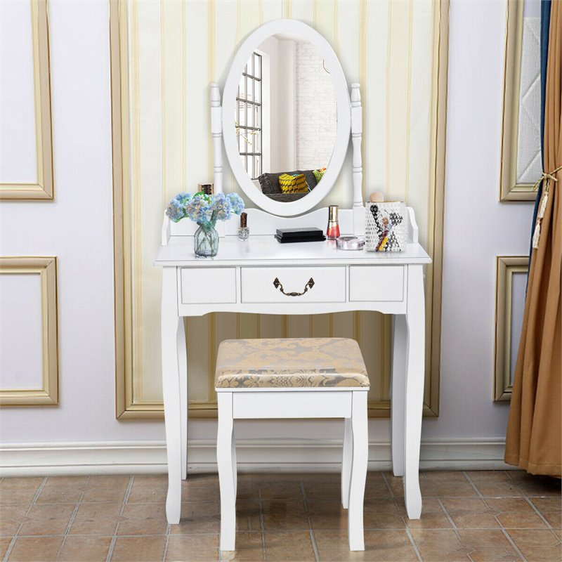 Costway Paulownia Vanity Table Set with Makeup Desk and Chair in White