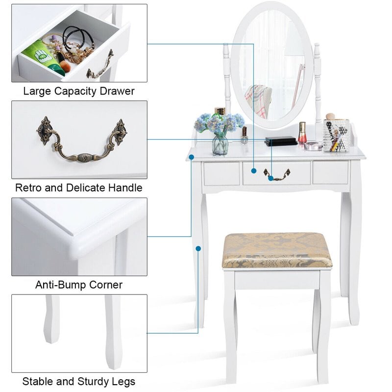 Costway Paulownia Vanity Table Set with Makeup Desk and Chair in White
