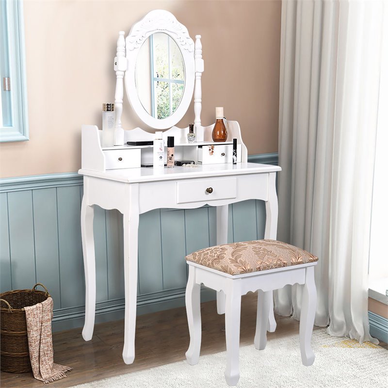 Costway MDF Vanity Table Set with Makeup Desk and Chair in White