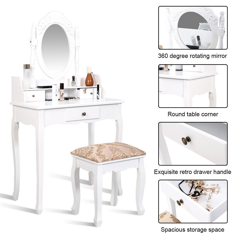 Costway MDF Vanity Table Set with Makeup Desk and Chair in White