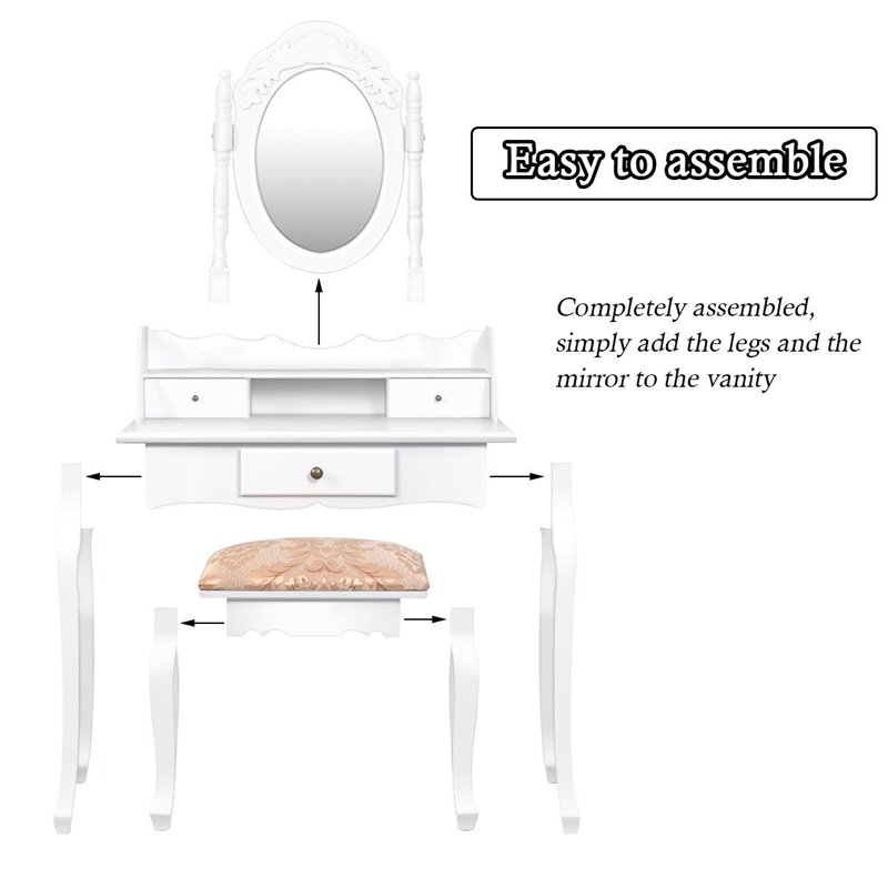 Costway MDF Vanity Table Set with Makeup Desk and Chair in White