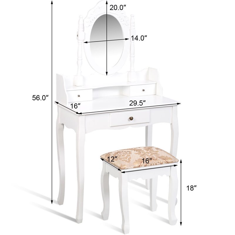Costway MDF Vanity Table Set with Makeup Desk and Chair in White