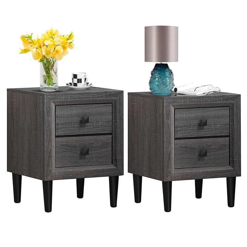 Costway MDF and Rubber Wood Nightstands with 2 Drawers in Gray (Set of 2)