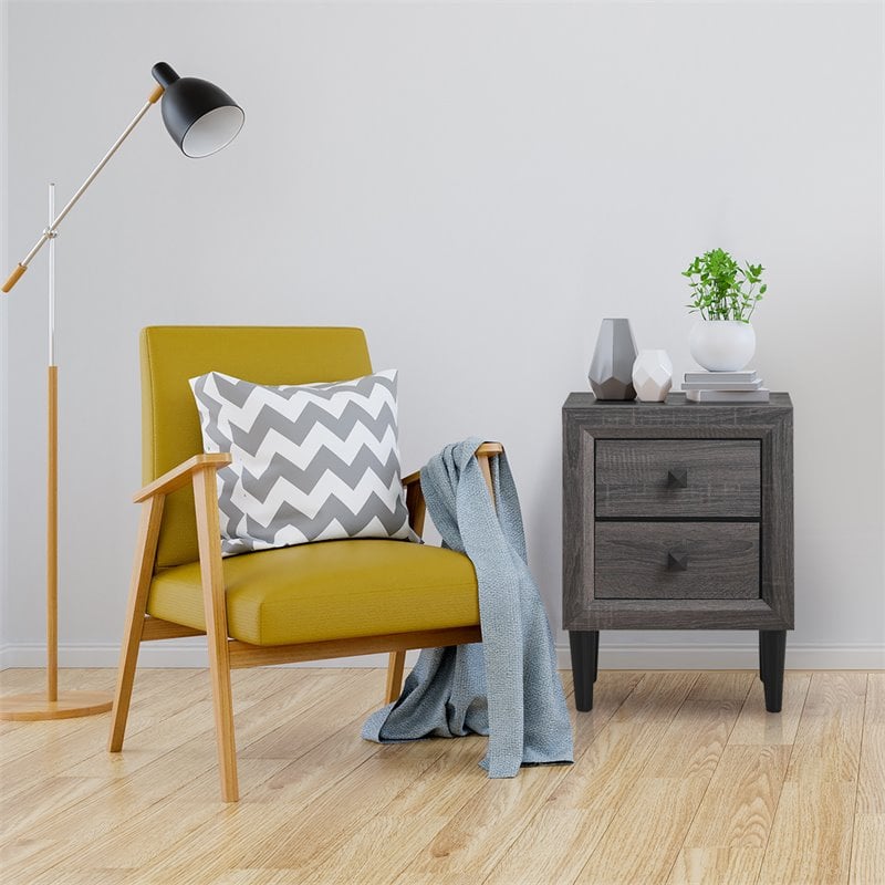 Costway MDF and Rubber Wood Nightstands with 2 Drawers in Gray (Set of 2)