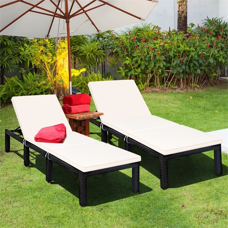 Costway 2 Pieces Rattan Patio Garden Lounge Chaise Chair with Cushion in White