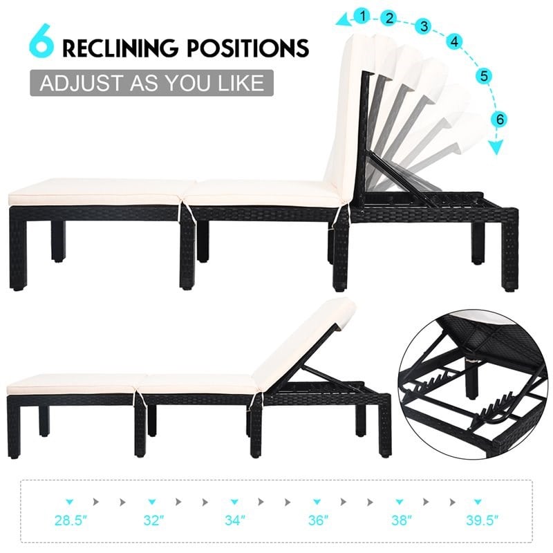 Costway 2 Pieces Rattan Patio Garden Lounge Chaise Chair with Cushion in White