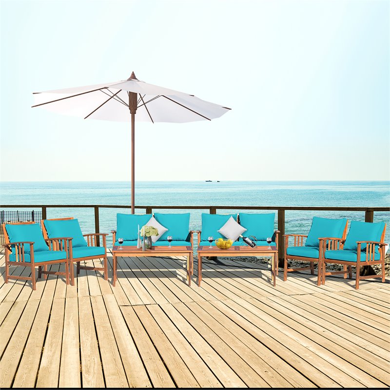Costway 8 Pieces Acacia Wood Patio Furniture Set with Cushion in Turquoise