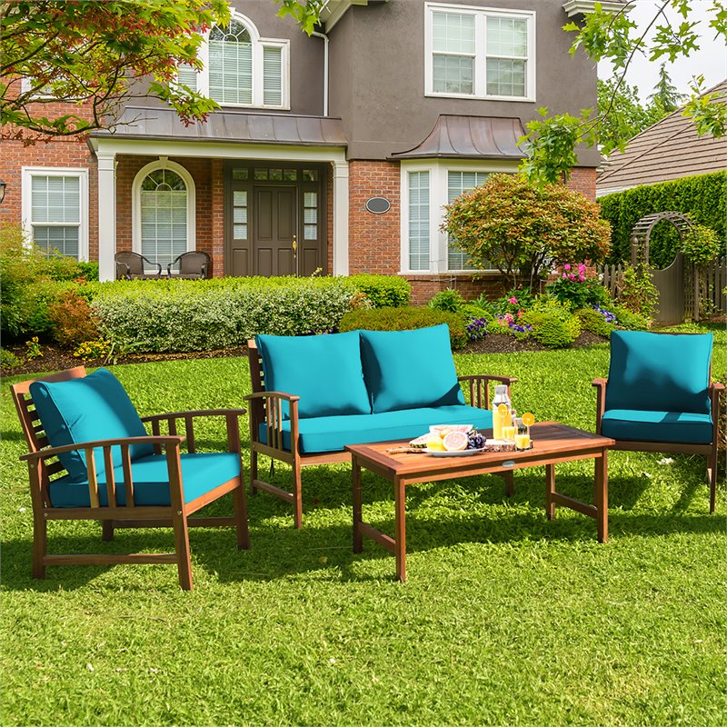 Costway 8 Pieces Acacia Wood Patio Furniture Set with Cushion in Turquoise