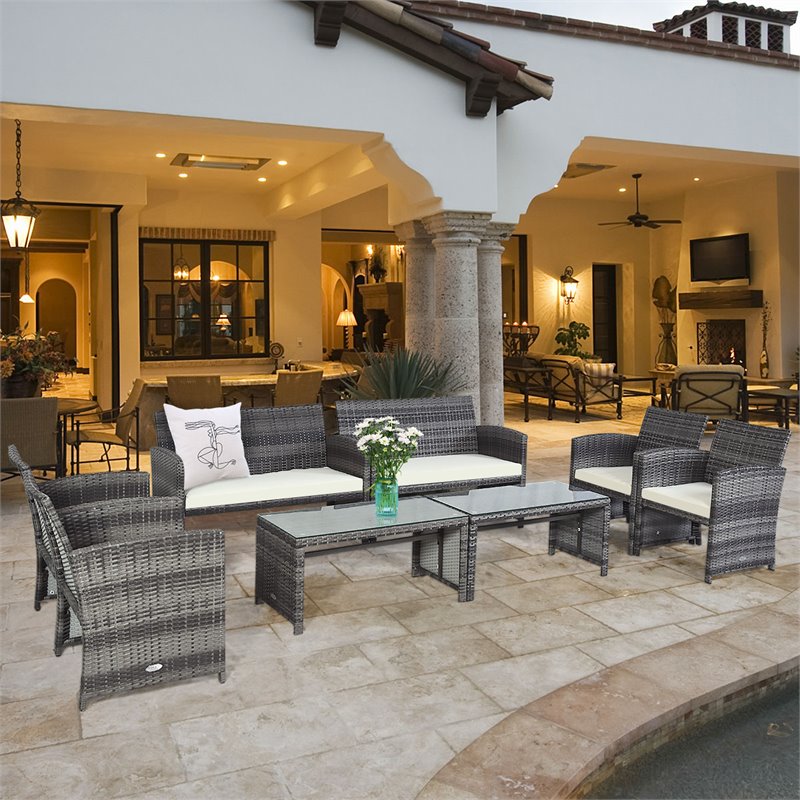 Costway 8 Pieces Rattan Patio Conversation Furniture Set with Cushion in Gray